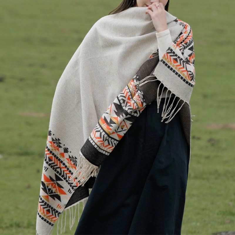 Tibetan Geometric Rhombus Pattern Tassels Shawl Fall Winter Warm Cozy Scarf Wrap