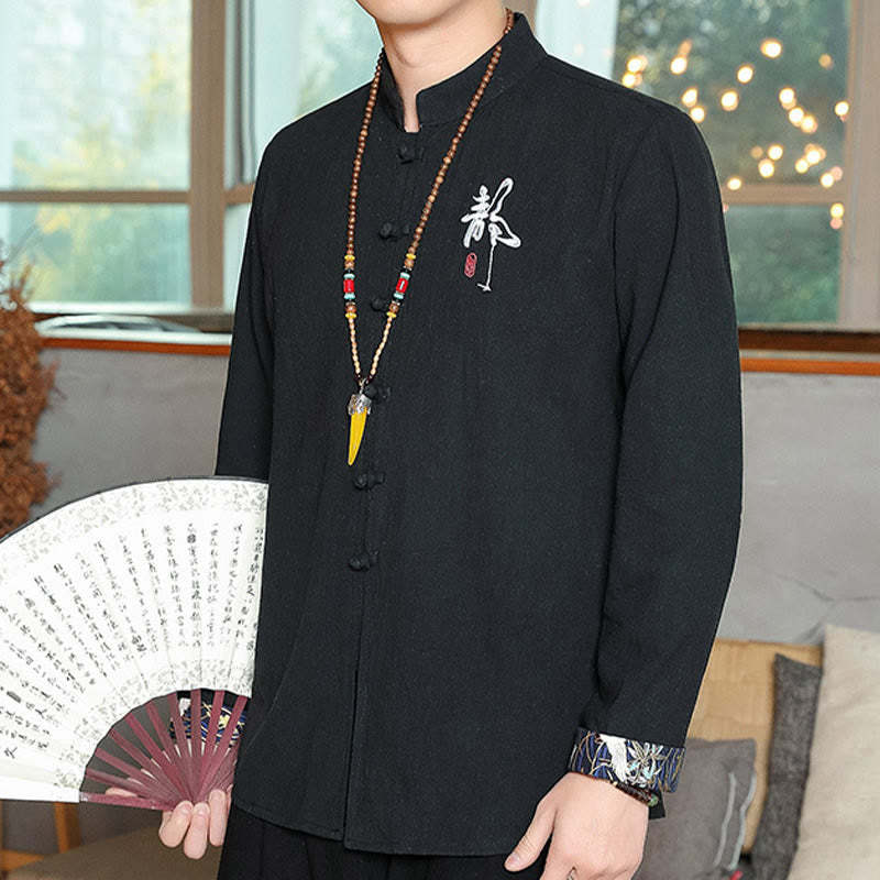 Fall Solid Long Sleeve Frog-Button Shirt Linen Men Zen Clothing