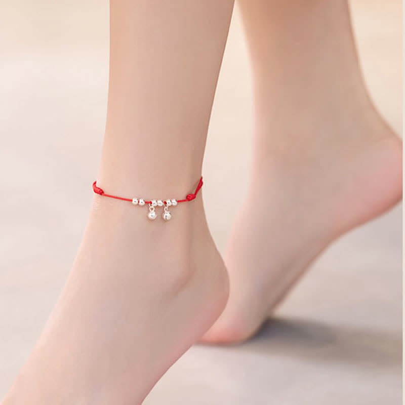 925 Sterling Silver Red String Braid Bell Charm Anklet