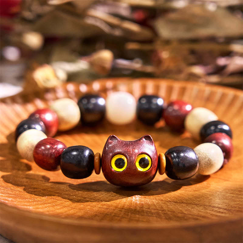 Small Leaf Red Sandalwood Ebony Wood Cute Cat Engraved Protection Bracelet