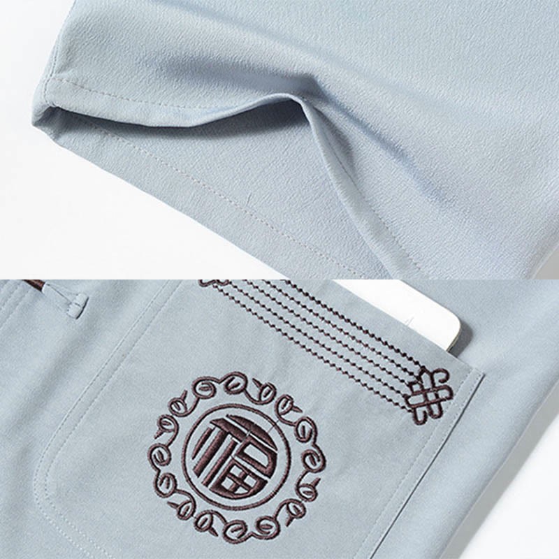 Fu Character Embroidery Tang Suit Traditional Frog-Button Short Sleeve Top Pants Clothing Men's Set