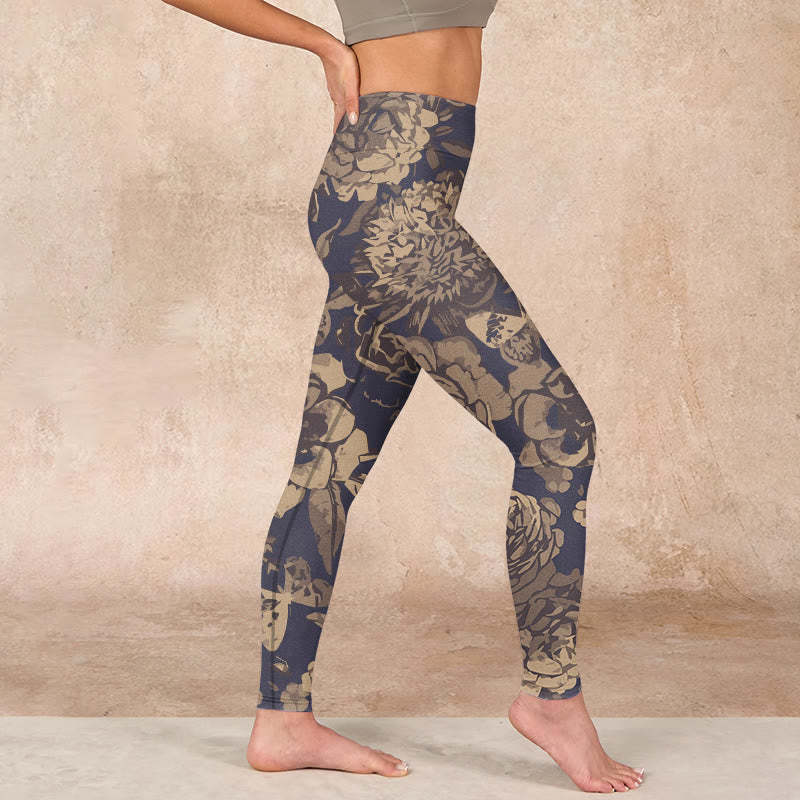 Peony Flowers Leaves Blossom Print Gym Fitness Leggings Women's Yoga Pants