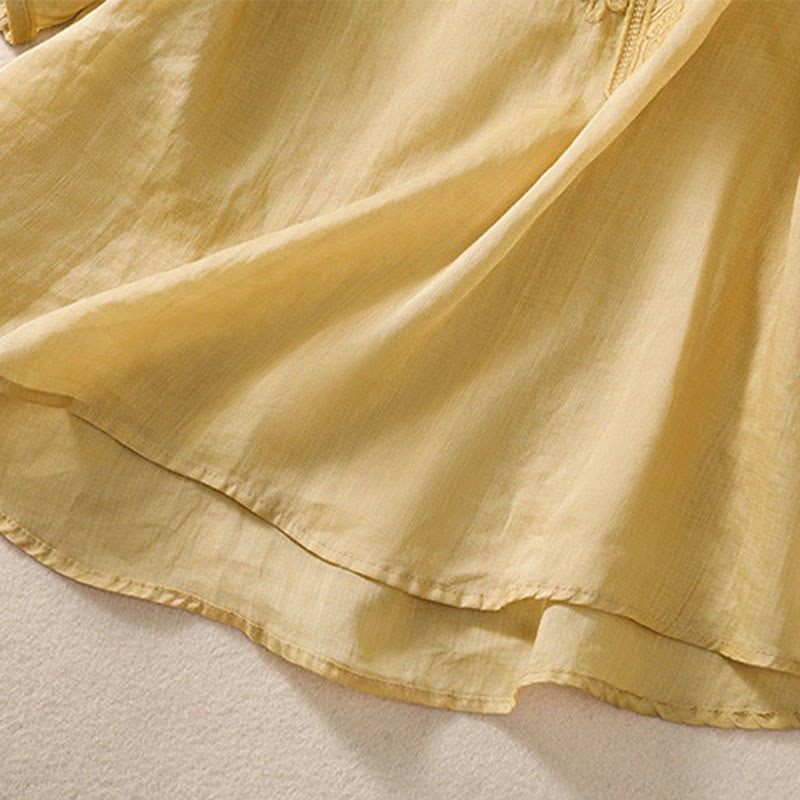 Artistic Plain Floral Embroidered Design Crew Neck Puff Half Sleeve Cotton Linen Women's T-Shirt