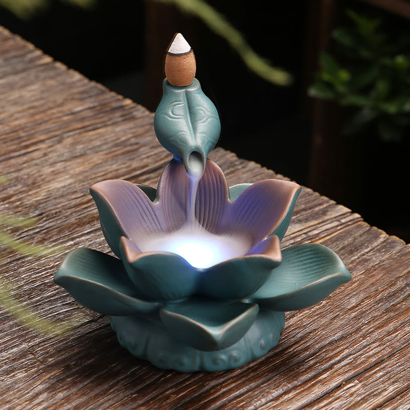 Lotus Flower Leaf Frog Butterfly Pattern Healing Ceramic Incense Burner Decoration