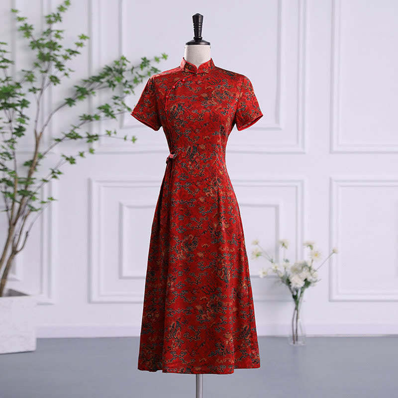 Vintage Auspicious Clouds Leaf Print Cheongsam Dress Women's Qipao Dress