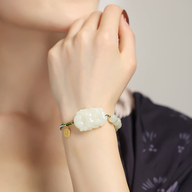 925 Sterling Silver Chinese Zodiac Hetian Jade Happiness Luck String Bracelet