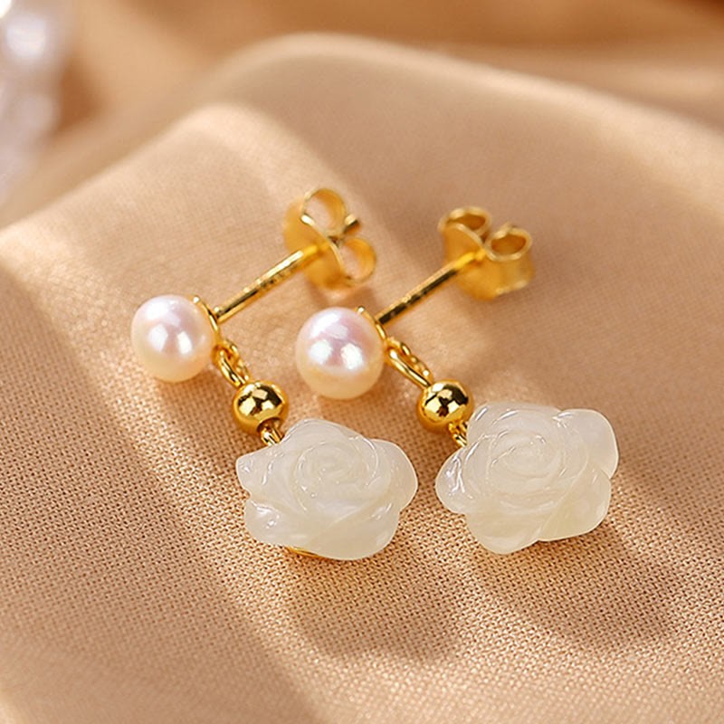 925 Sterling Silver Plated Gold Jade Rose Flower Cyan Jade Pearl Luck Earrings