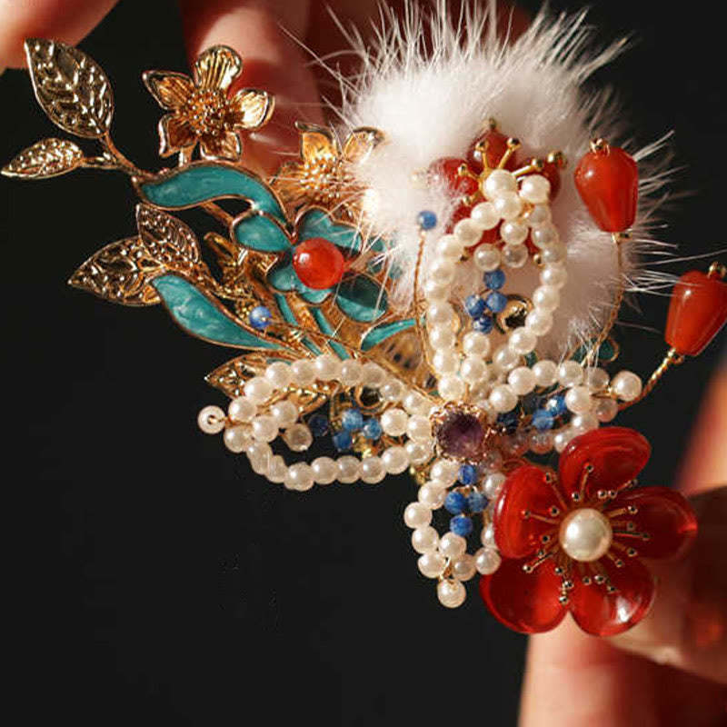 Classical Chinese Style Red Flower Butterfly Pearl Hair Clip