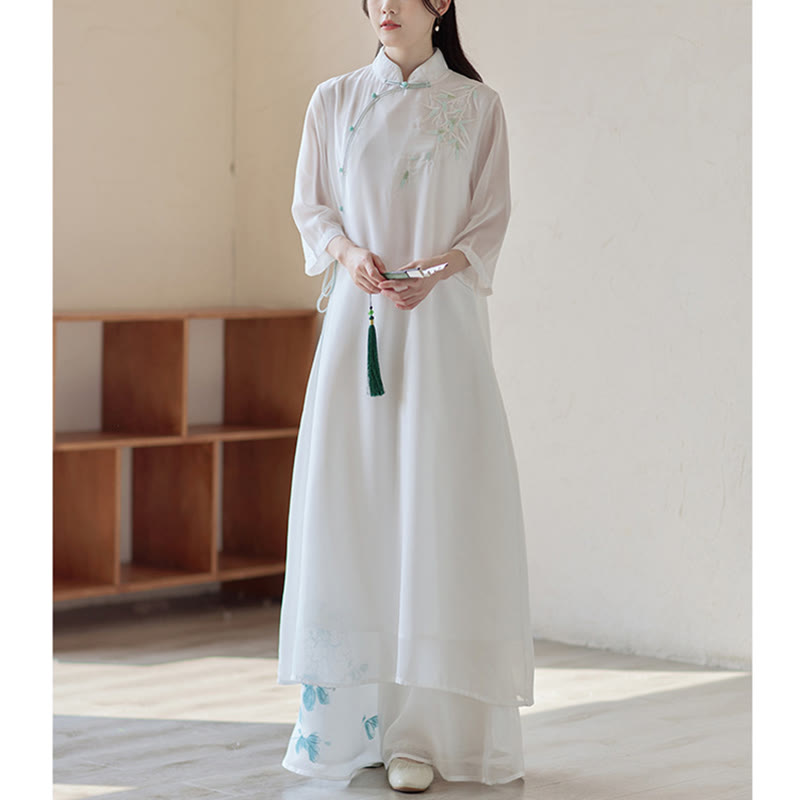 Bamboo Cheongsam Dress Midi Dress Wide Leg Pants Meditation Spiritual Zen Practice Clothing