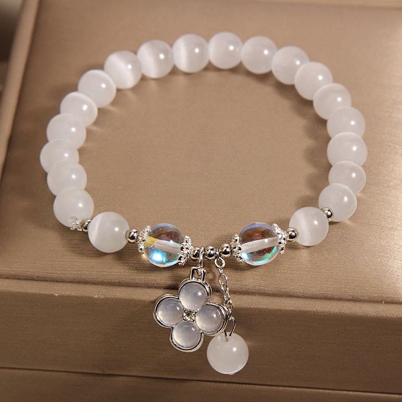Cat's Eye Crystal Lucky Four Leaf Clover Charm Love Bracelet