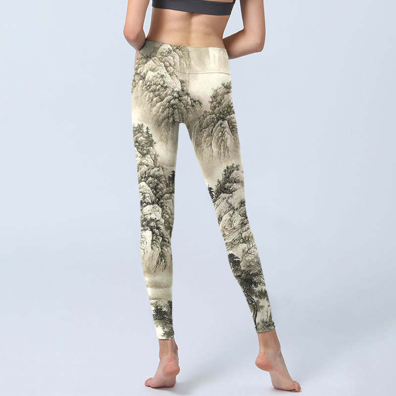 Mountain Tree River Scenery Print Sports Leggings Women's Yoga Pants