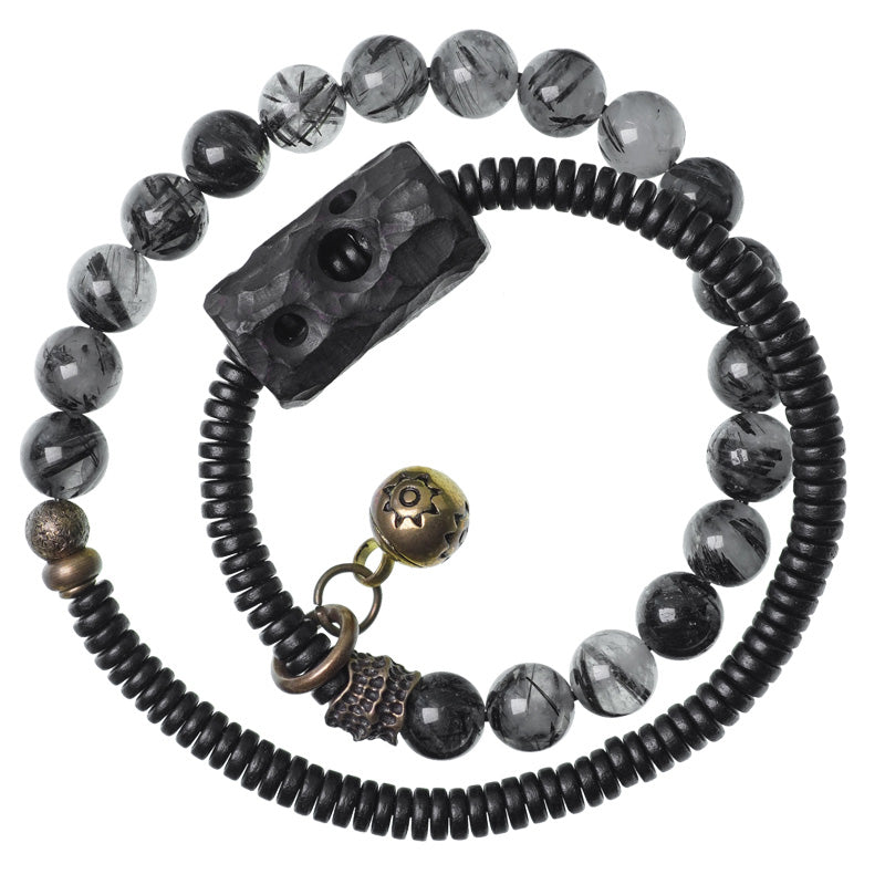 Black Rutilated Quartz Ebony Wood Copper Wisdom Couple Bracelet