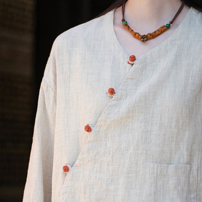 Solid Color Ramie Linen Loose Blouse Long Sleeve Shirt Chinese Hanfu Top