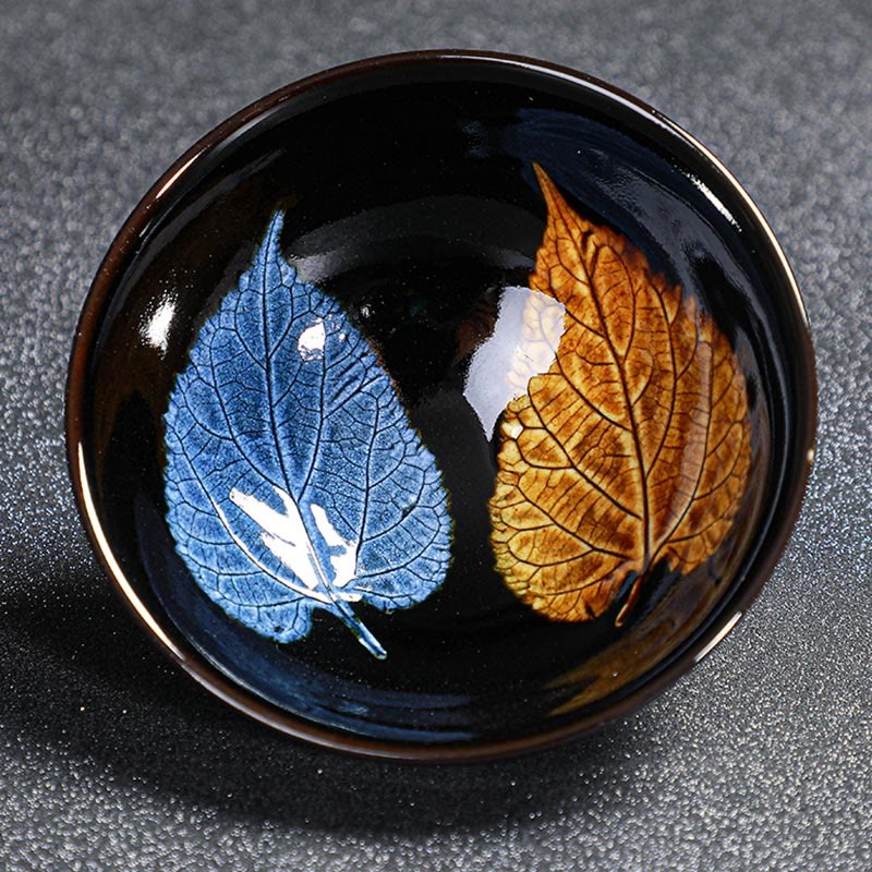 Gold Maple Leaf Chinese Jianzhan Ceramic Teacup Tenmoku Kung Fu Tea Cup Bowl
