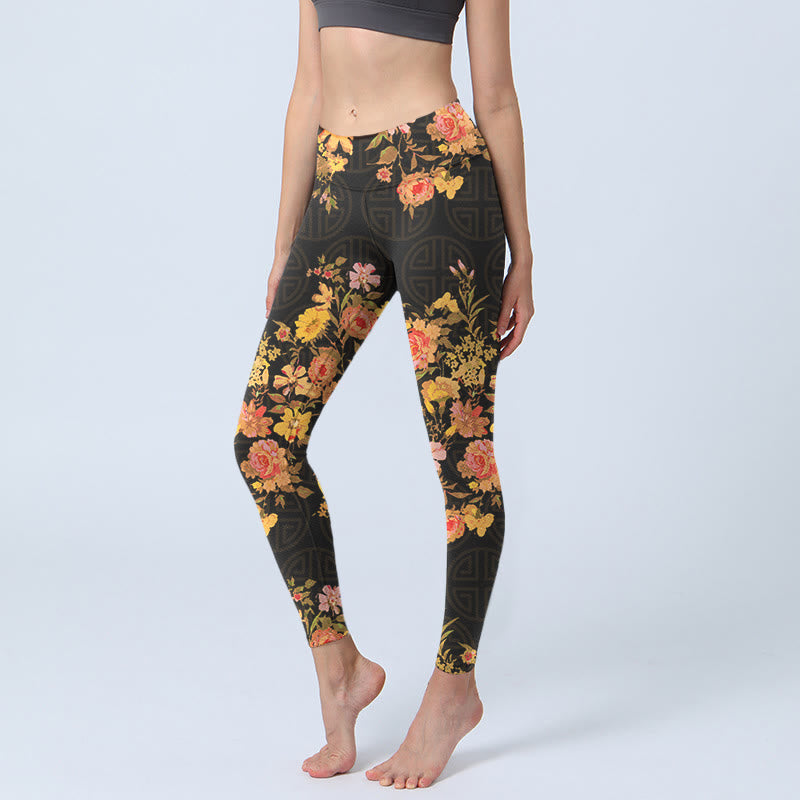 Yellow Pink Flowers Green Leaves Print Gym Fitness Leggings Women's Yoga Pants