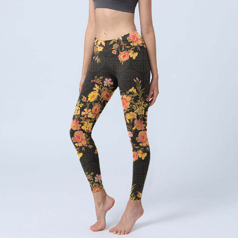 Yellow Pink Flowers Green Leaves Print Gym Fitness Leggings Women's Yoga Pants