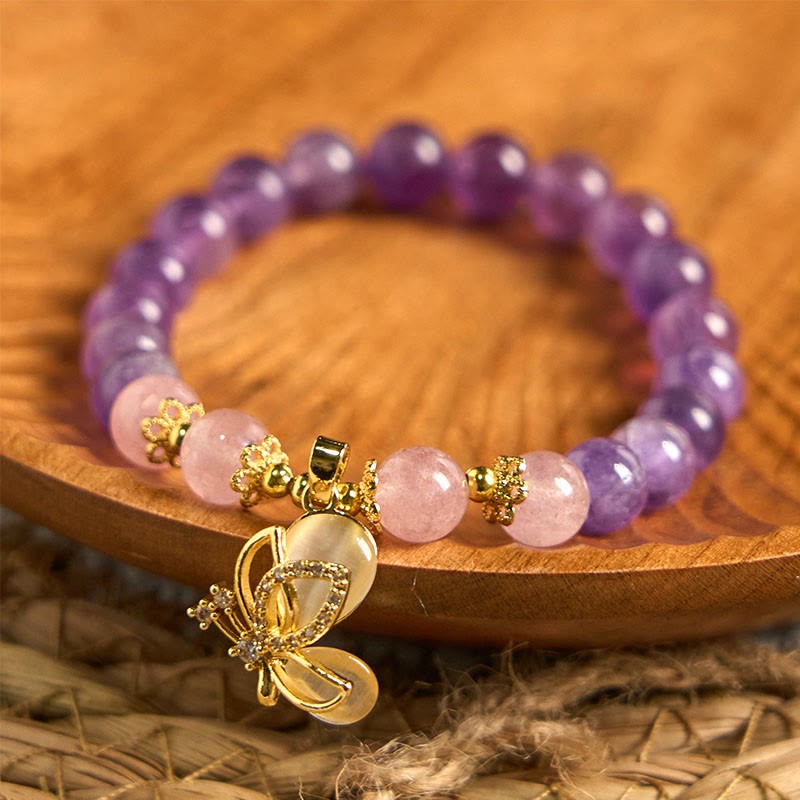 Natural Amethyst Strawberry Quartz Crystal Healing Butterfly Charm Bracelet