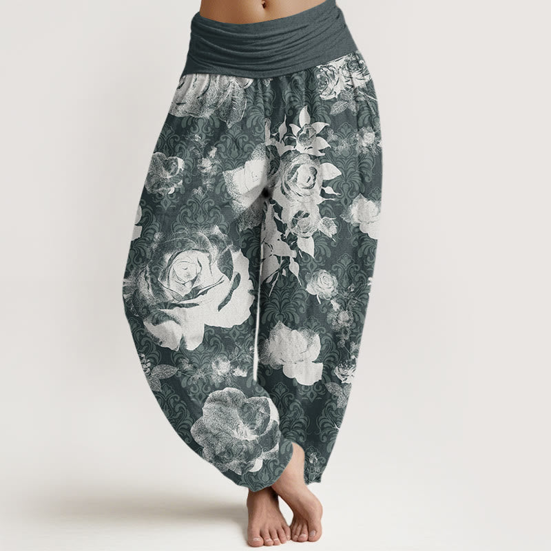Casual White Roses Women's Elastic Waist Harem Pants