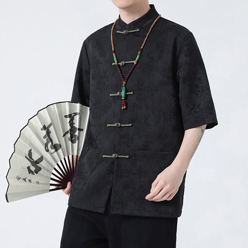 Solid Color Jacquard Frog-button Chinese Half Sleeve Shirt Men T-shirt