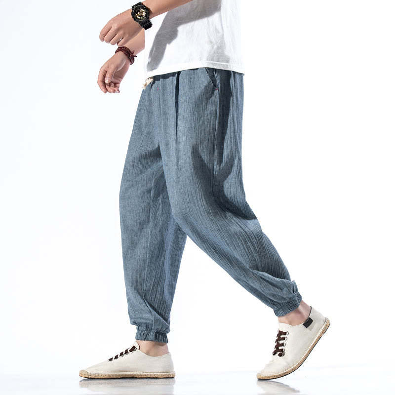 Casual Solid Color Drawstring Linen Men's Pants With Pockets