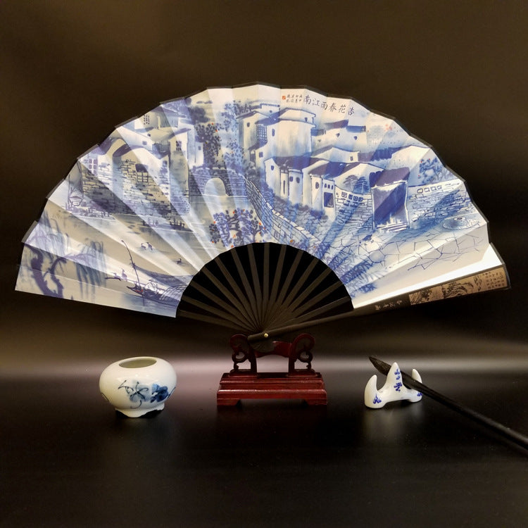 Great Wall Mountains Trees Crane Bamboo Handheld Bamboo Folding Fan 33.5cm