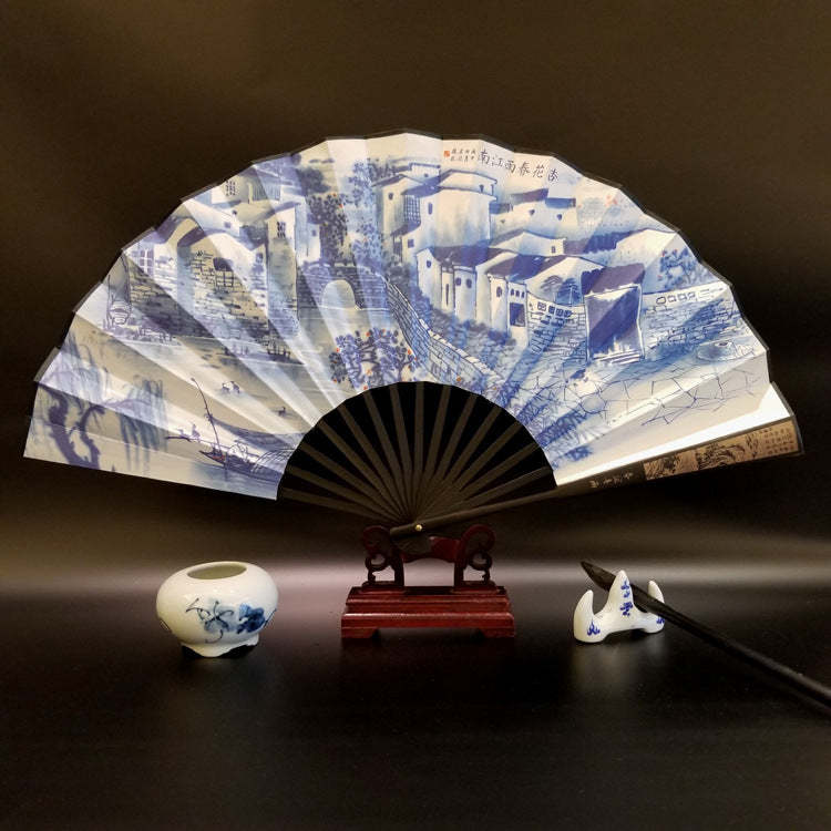 Great Wall Mountains Trees Crane Bamboo Handheld Bamboo Folding Fan 33.5cm
