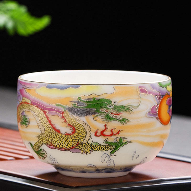 Dragon Phoenix Auspicious Clouds Sun Ocean Waves Ceramic Teacup Kung Fu Tea Cup