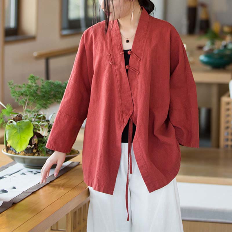 Frog-Button Hanfu Design Long Sleeve Coat Zen Meditation Open Front Top Jacket