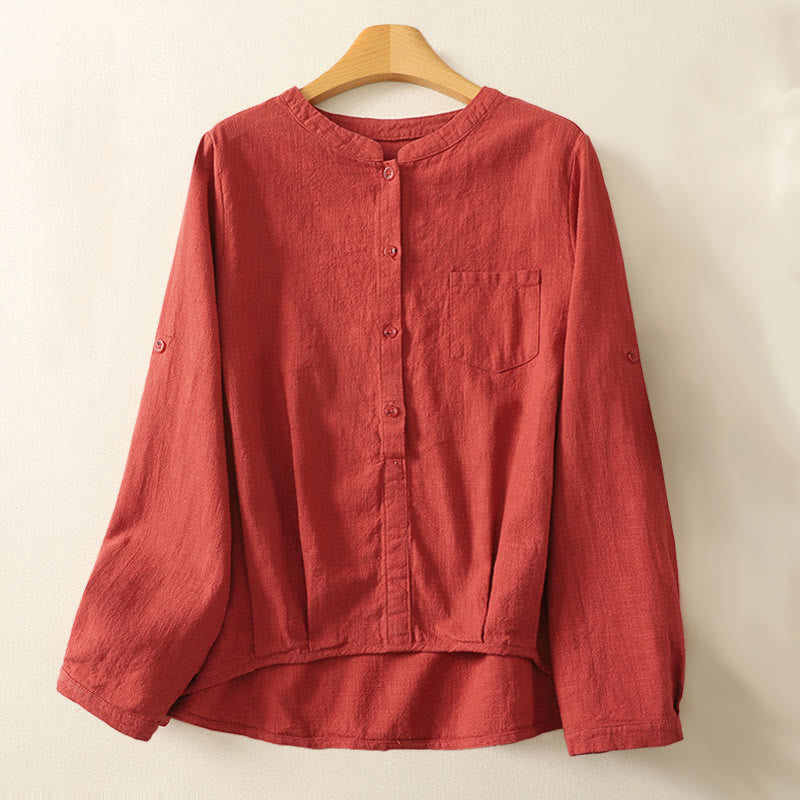 Casual Women's Loose Standing Collar Long Sleeve Design Plain Cotton Linen Shirt