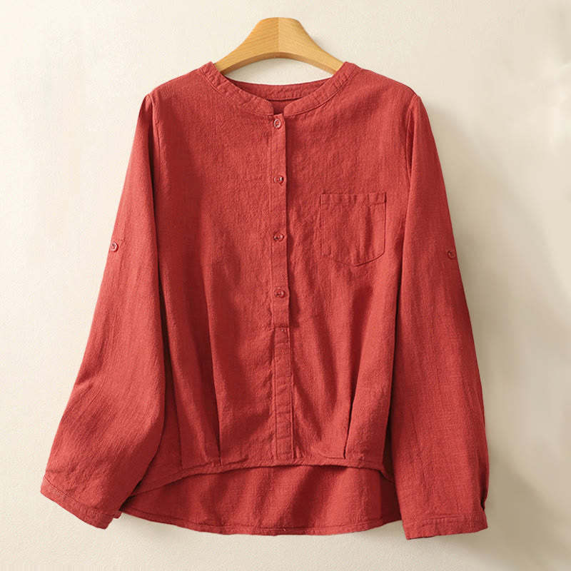 Casual Women's Loose Standing Collar Long Sleeve Design Plain Cotton Linen Shirt