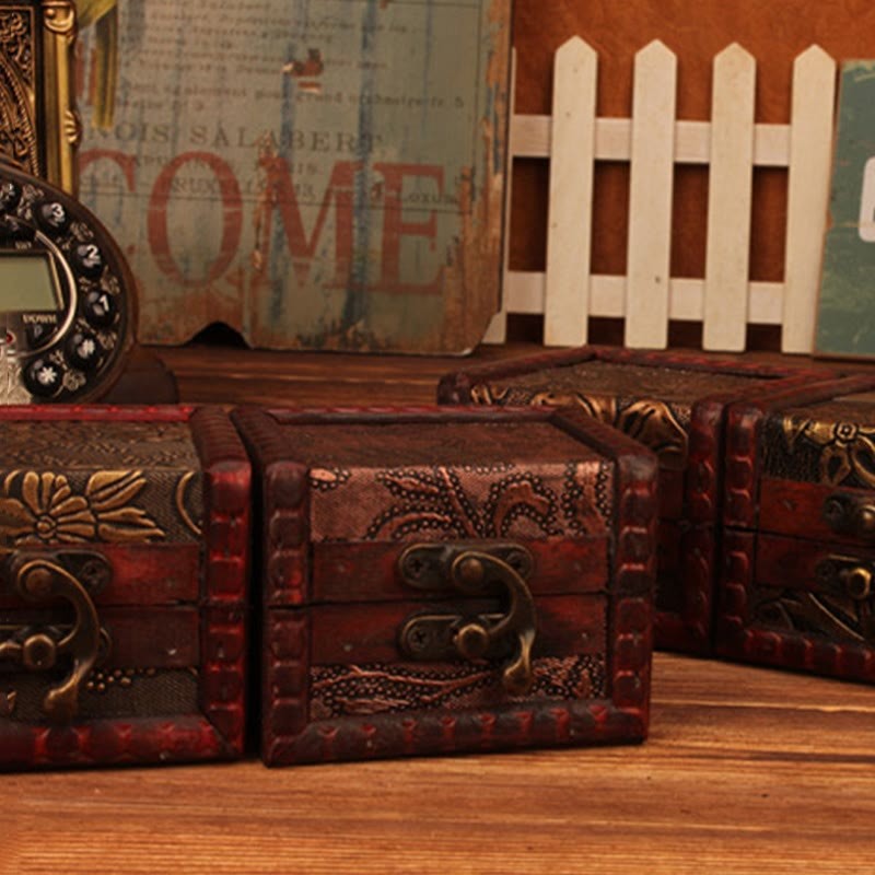 Retro Small Square Wood Jewelry Box Lotus Grass Flower Grape Copper Coin Daffodil Jewelry Storage Box