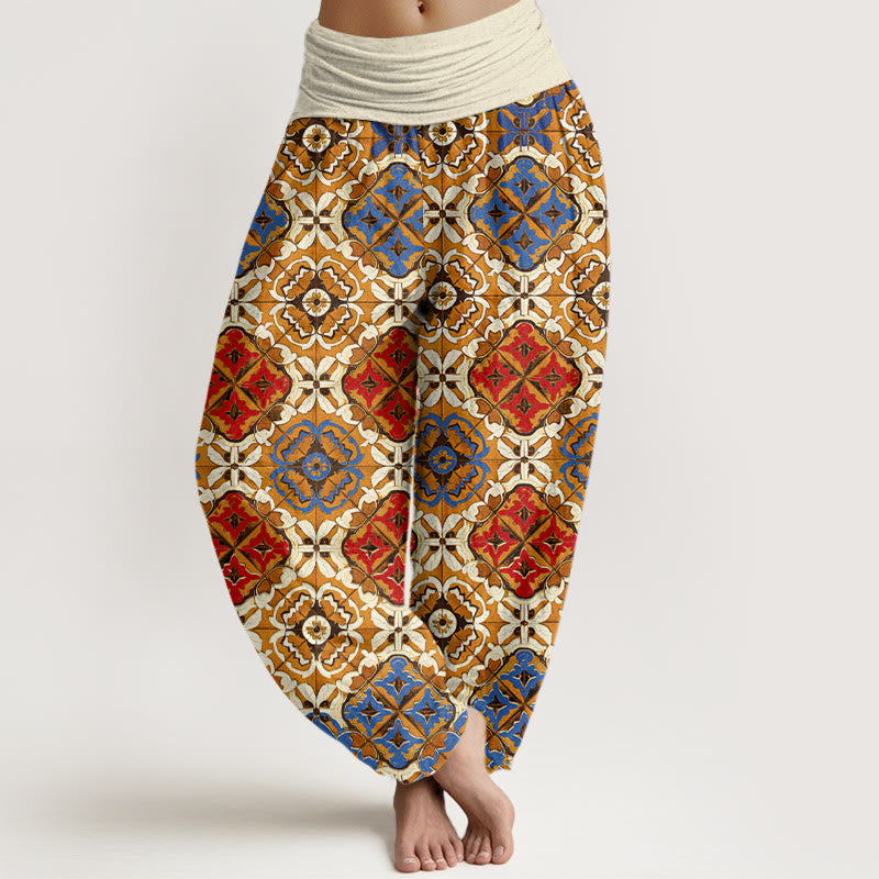 Diamond Floral Design Women's Elastic Waist Harem Pants