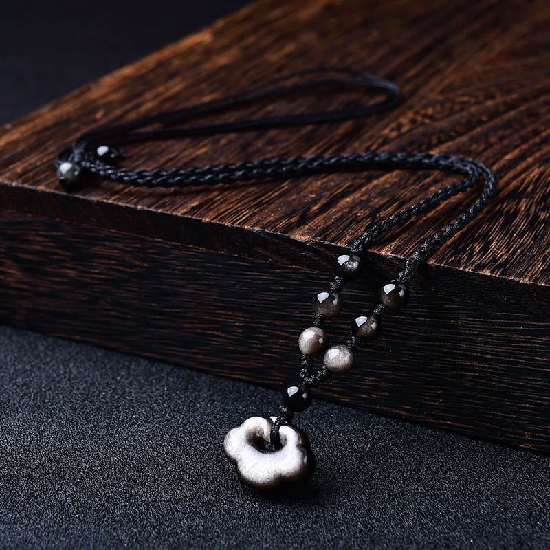 Natural Silver Sheen Obsidian Auspicious Clouds Protection Soothing Necklace Pendant
