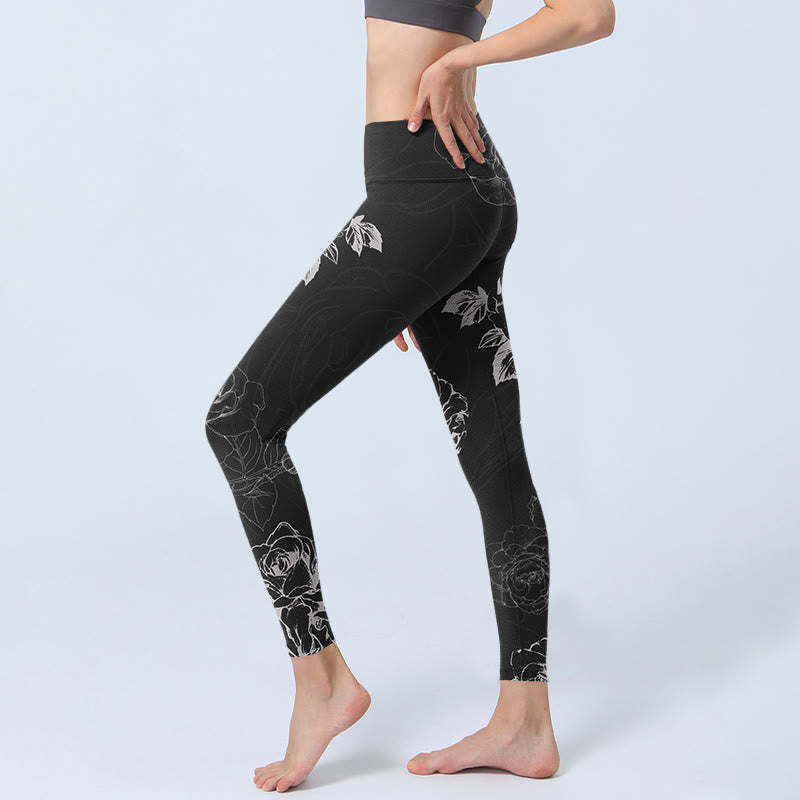 Gray Peony Rose Flower Sketch Print Gym Fitness Leggings Women's Yoga Pants
