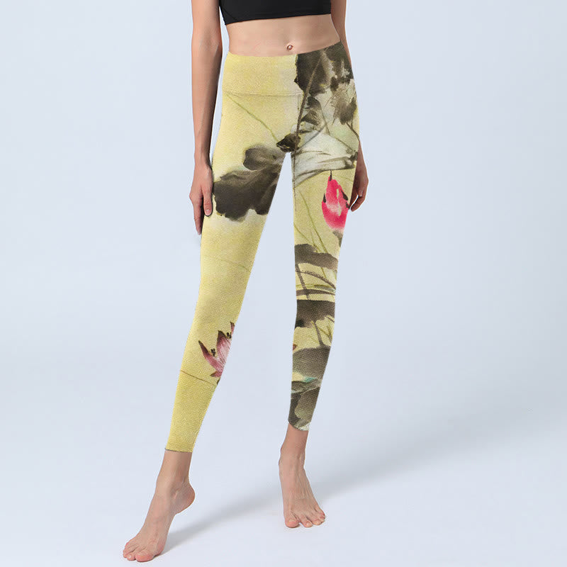 Pink Blooming And Unbloomed Lotus Print Gym Leggings Women's Yoga Pants