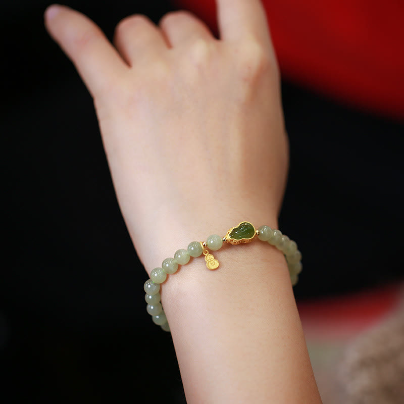 925 Sterling Silver Plated Gold Natural Hetian Jade Bead Gourd Lotus Bamboo Fu Character Luck Bracelet