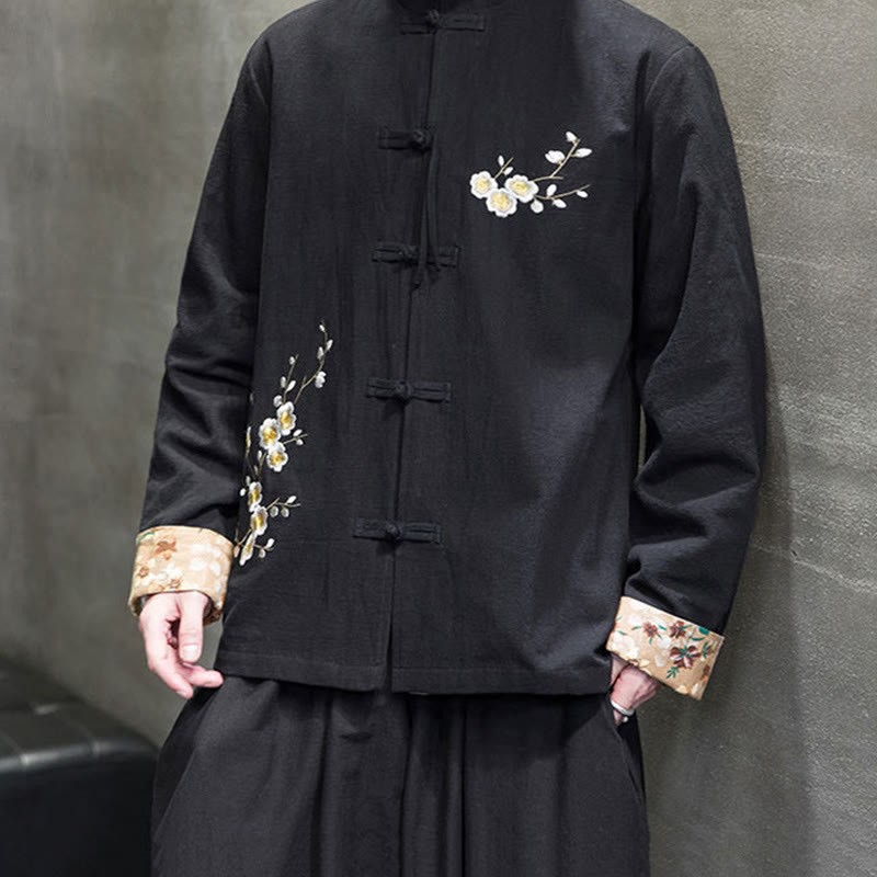 Plum Blossom Embroidery Cuff Flower Design Frog-button Tang Suit Cotton Linen Men's Jacket Shirt