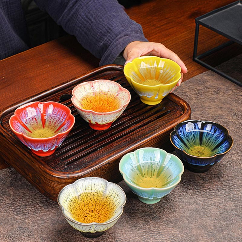 6Pcs Plum Blossom Petal Pattern Chinese Jianzhan Kiln Change Ceramic Teacup Kung Fu Tea Cup Bowl With Gift Box