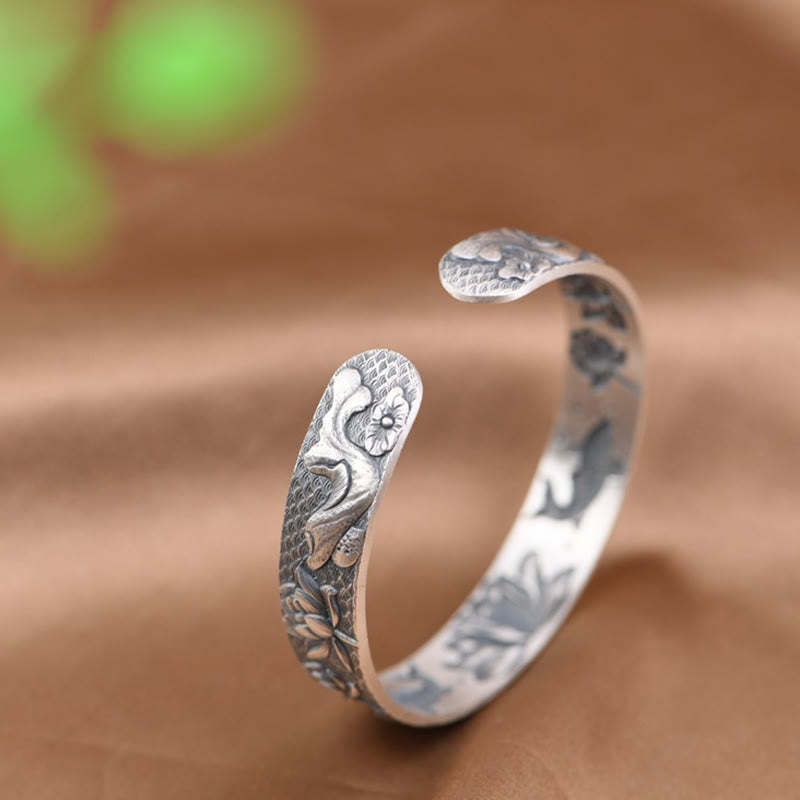 999 Sterling Silver Luck Koi Fish Lotus Wealth Bracelet Bangle