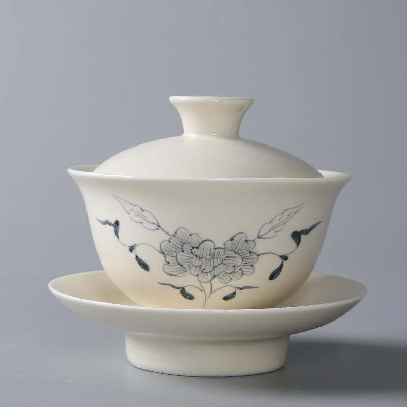 Hand Painted Pomegranate Hibiscus Pine Lotus Ceramic Gaiwan Sancai Teacup Kung Fu Tea Cup And Saucer With Lid