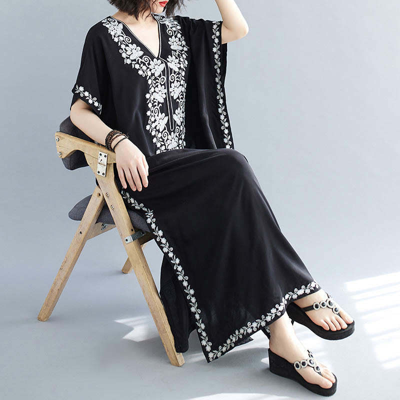 Summer Embroidery Flower V-Neck Short Sleeve Maxi Dress