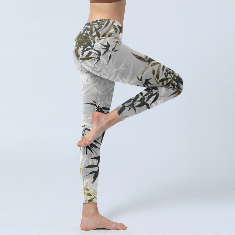 Dark Gray Bamboo Leaves Print Gym Leggings Women's Yoga Pants