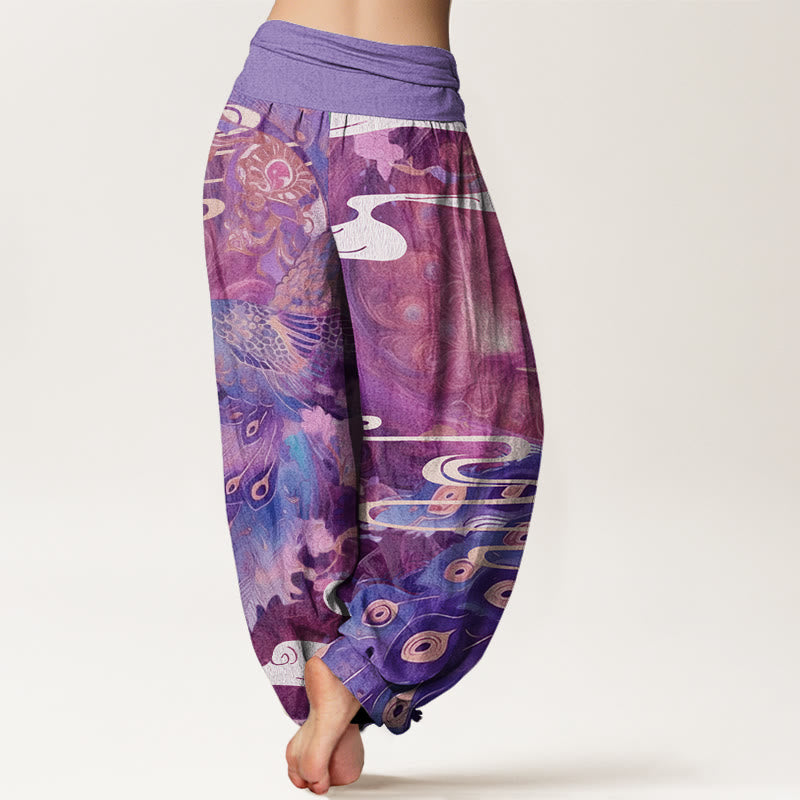 Vibrant Peacock Auspicious Clouds Pattern Women's Elastic Waist Harem Pants