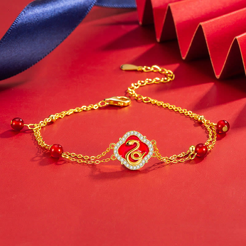 925 Sterling Silver Red Agate Year Of The Snake Luck Bracelet