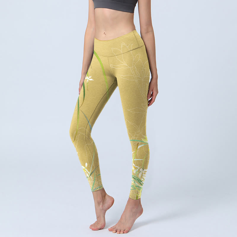 Yellow Orchid Flowers Weeping Leaves Print Gym Leggings Women's Yoga Pants