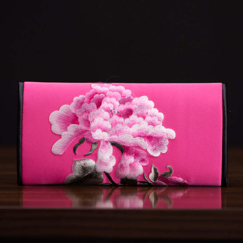 Peony Flower Su Embroidery Journey Shopping Long Purse Handbag