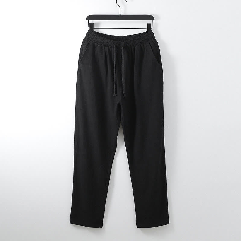Solid Color Cotton Linen Casual Loose Men's Pants With Pockets