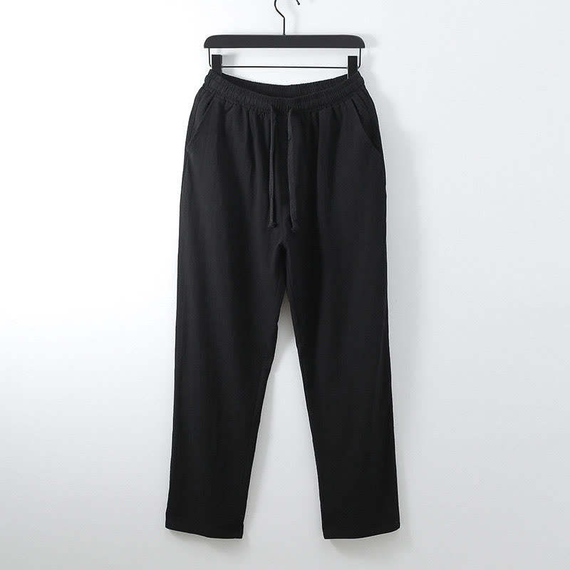 Solid Color Cotton Linen Casual Loose Men's Pants With Pockets