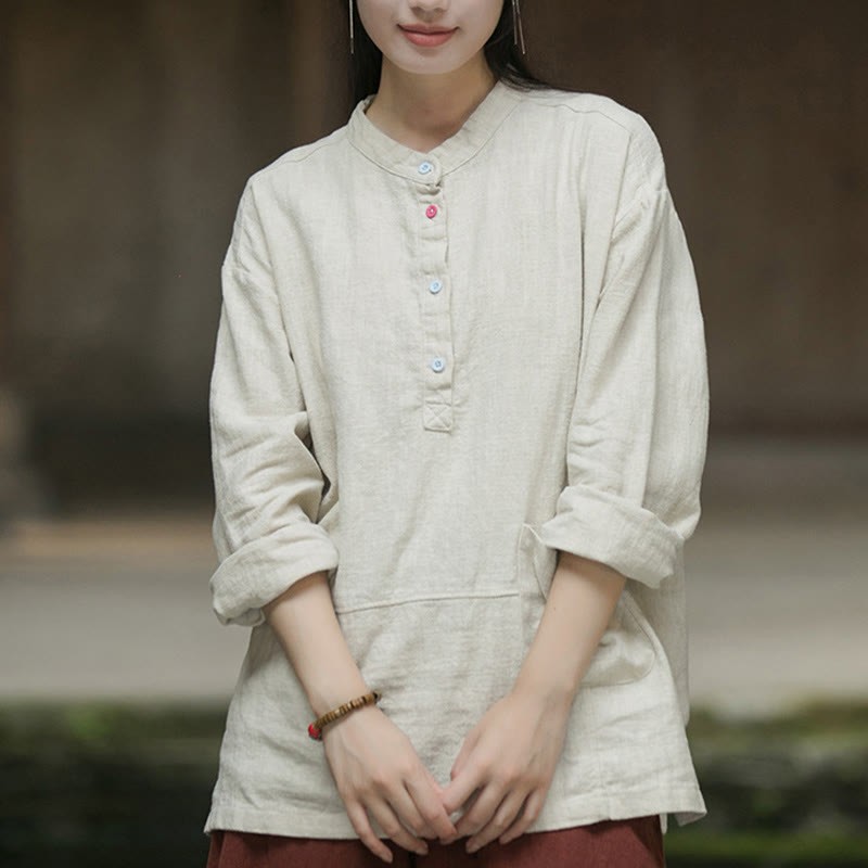 Solid Color Long Sleeve Ramie Linen Half Button Women's Shirt