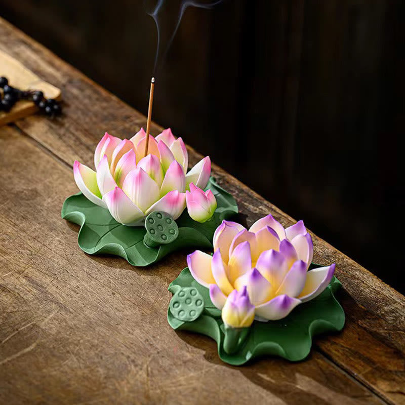 Lotus Flower Leaf Pod Spiritual Healing Ceramic Stick Incense Burner Decoration